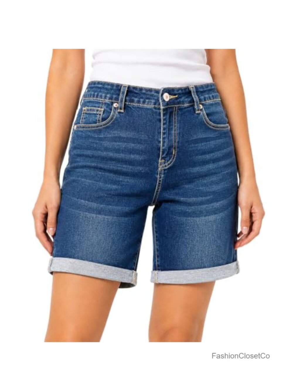 High Waisted Stretch Denim Shorts 7 Inch Cuffed Casual Summer